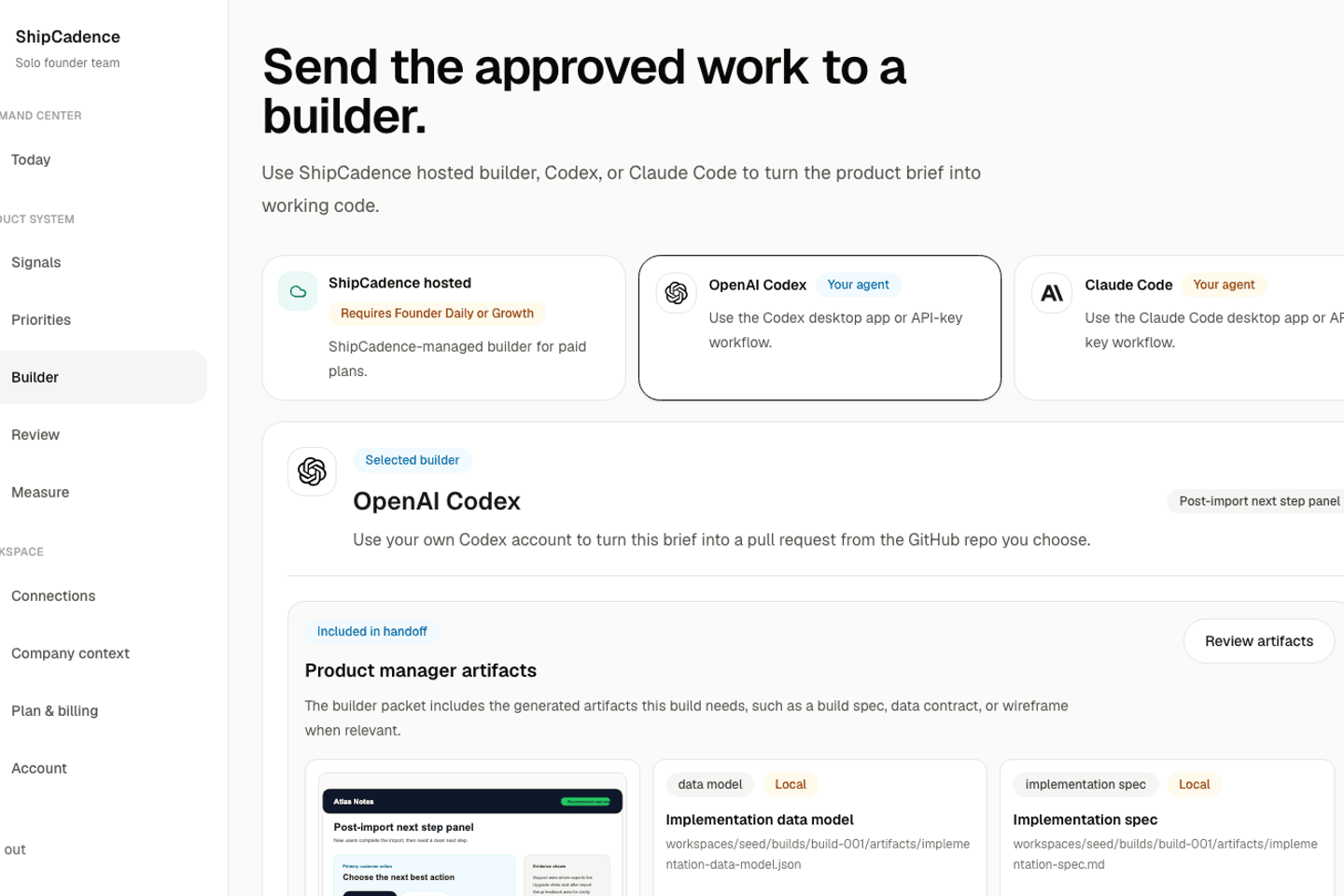 Agents screen showing the hosted builder, OpenAI Codex, Claude Code, and pull request linking.