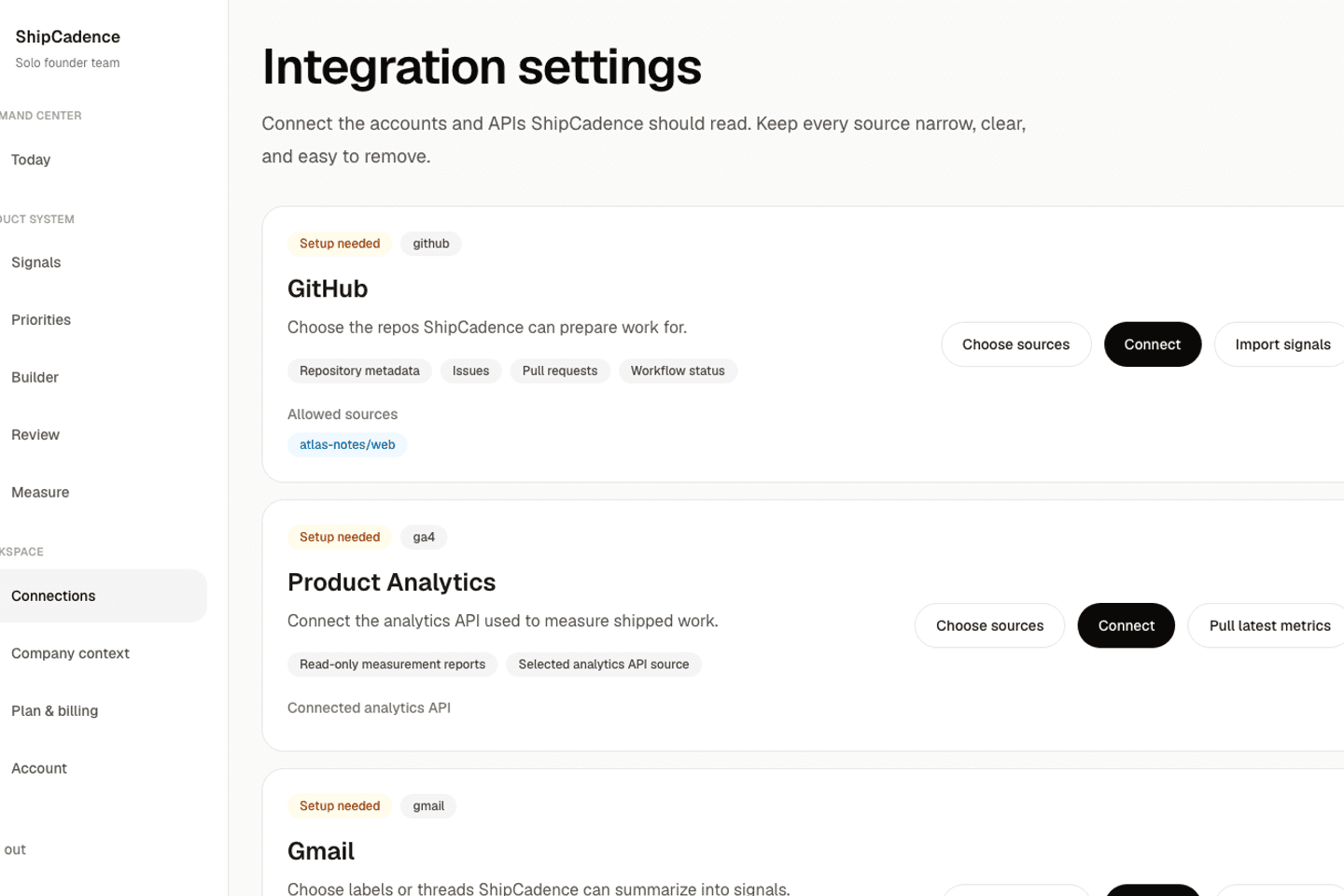 Integration settings screen showing connected GitHub, Gmail, Slack, and product analytics sources.