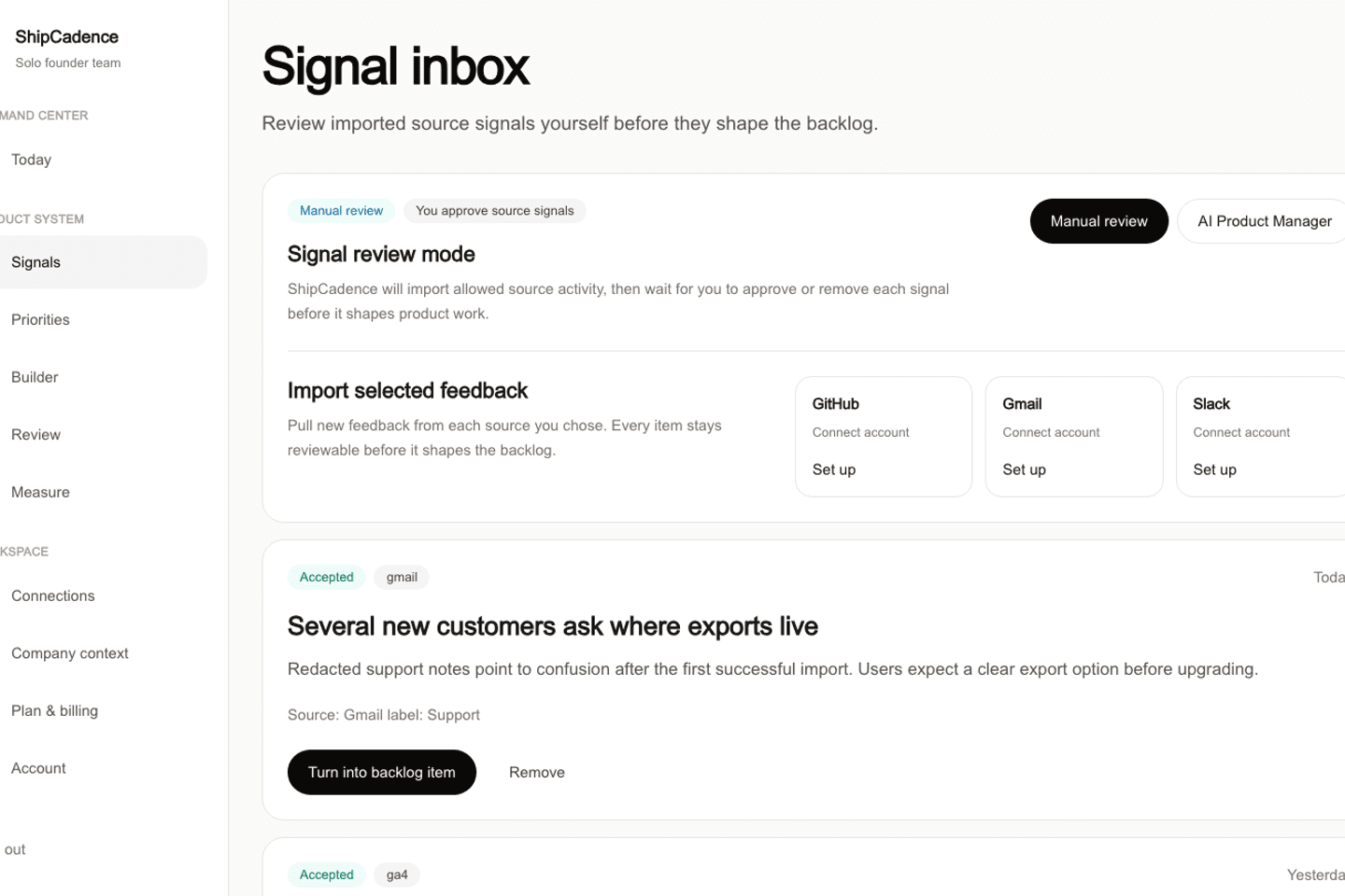 Signal inbox screen with imported customer feedback cards and review actions.